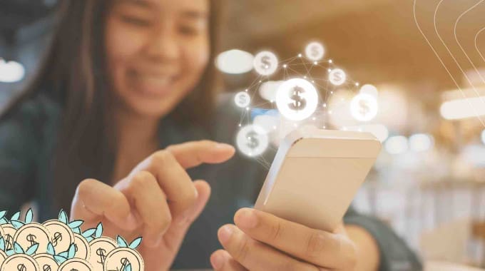 Girl holding phone while making money online in Canada